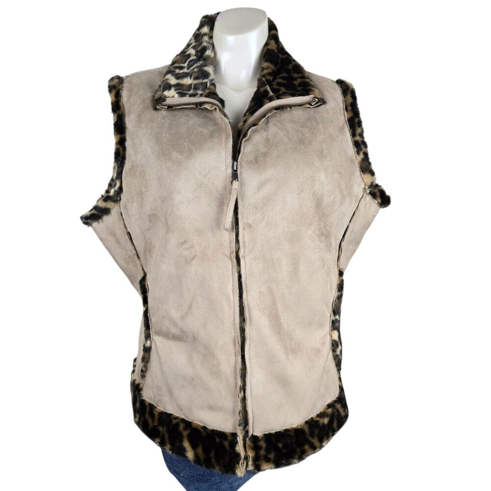 Cripple Creek Faux Suede Vest XL Faux Fur Leopard Lined Zip Front Y2K